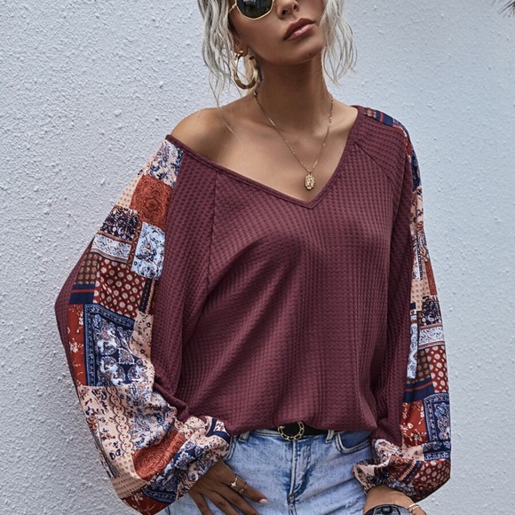 brown  v neck wide sleep waffle long sleeve top - Picture 8 of 16